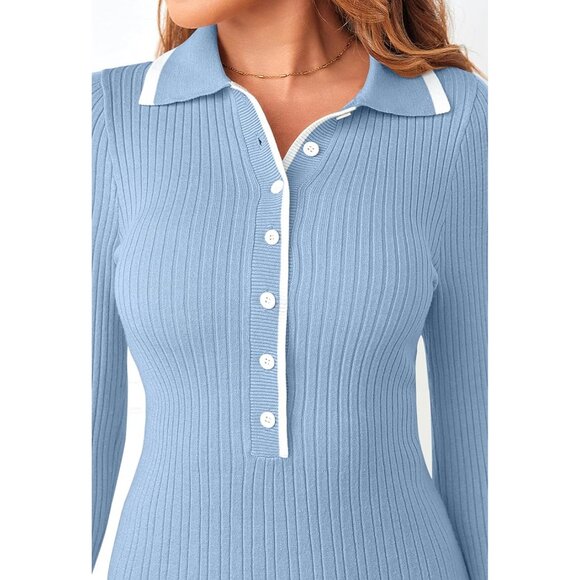 Merokeety Women's Blue Long Sleeve V Neck Button Knit Pleated Sweater Dress - Picture 6 of 7